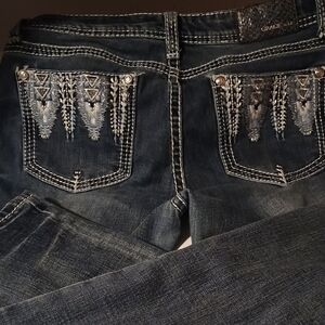 Grace in LA Women's Dark Blue Boot Cut Jeans with Silver Embroidery